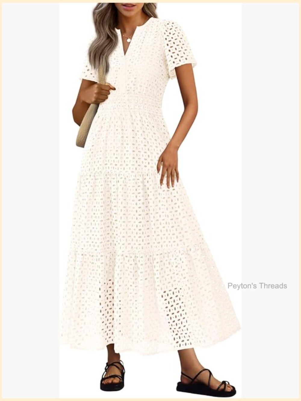 Short Sleeve V Neck Eyelet A Line Maxi Dress - Summer Beach Vacation